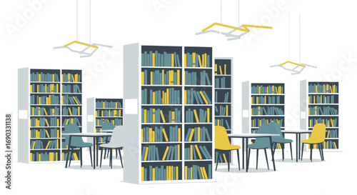 Library Interior with Bookshelves, Tables, and Chairs in Blue and Yellow