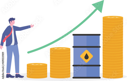 Falling oil prices concept with tiny character. People analysing data with down arrows flat vector illustration.

