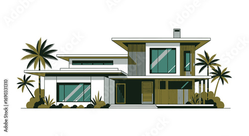 Modern Two-Story House with Flat Roof, Large Windows, and Palm Trees