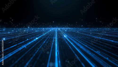 Abstract digital network of glowing blue light trails moving forward on a dark background representing data flow