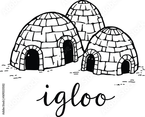  Igloo Doodle Illustration – Black and White Vector Drawing of Arctic Ice Shelters with Handwritten Label and Minimal Style