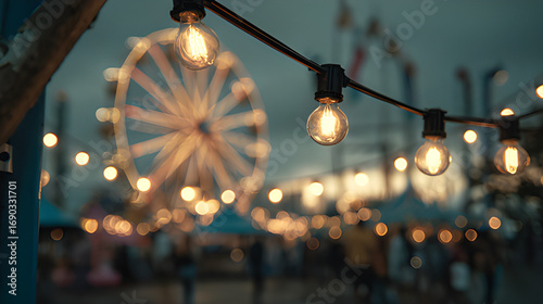Carnival lights with ferris wheel night. Carnival games night fairground. Double ferris wheel illuminated amusement park. Glowing neon fairground lights. Vintage carnival lights fair rides. 