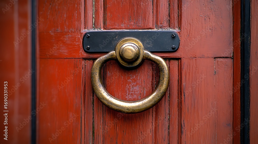 Fototapeta premium Antique Brass Door Knocker on Textured Red Wooden Door with CloseUp Detail.