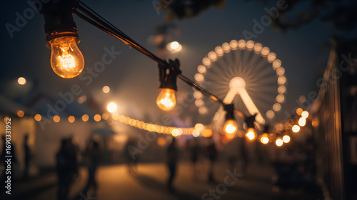 Carnival lights with ferris wheel night. Carnival games night fairground. Double ferris wheel illuminated amusement park. Glowing neon fairground lights. Vintage carnival lights fair rides. 