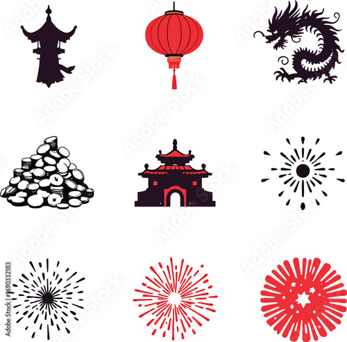 : Chinese Culture Celebration Doodle Set – Black and White Vector Illustrations of Lanterns, Dragons, Fireworks, and Symbols