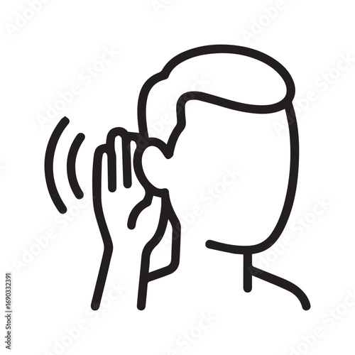Listen Icon, Person Hearing Sound Symbol, Eavesdropping Line Art Vector Illustration.
