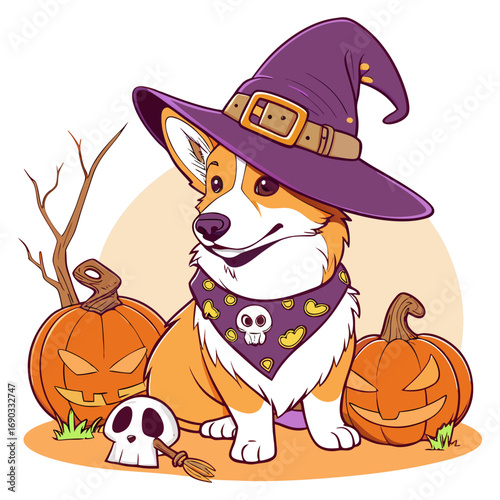Halloween Corgi Witch Dog Vector Illustration 