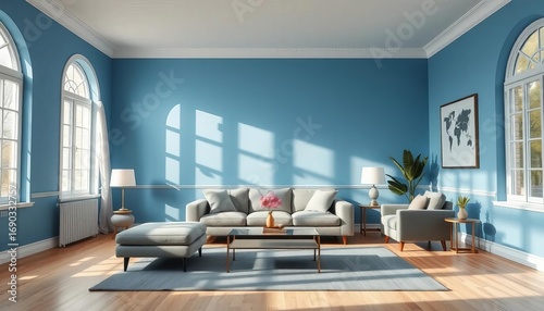 Vast empty living room, serene blue walls, natural light, sunlight, serene