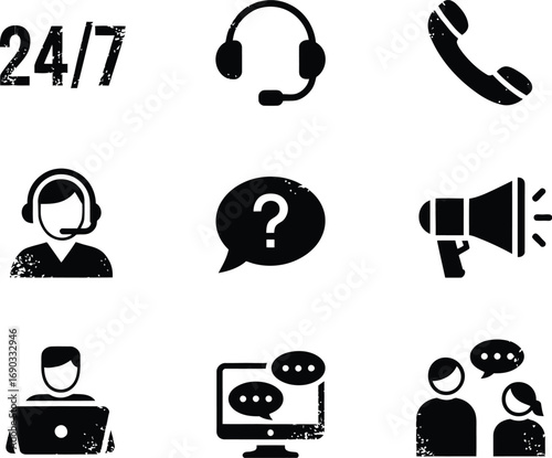  Customer Support & Communication Icons Doodle Set – Black and White Vector Illustrations of Help, Chat, and Service Tools