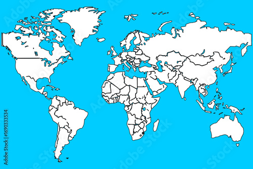 A simplified world map displays all continents outlined in black against a blue background