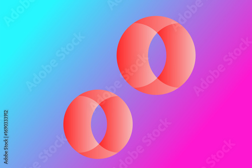 Two red, glossy, intertwined torus shapes appear on a vibrant gradient background transitioning