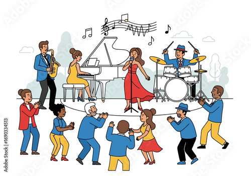 Jazz band performs as crowd dances surrounded by music notes. Ideal for music events, concerts, festivals, and entertainment concepts.