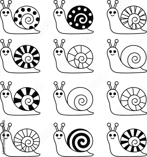 (96)Snail Shell Pattern Doodle Set – Black and White Vector Illustrations of Cartoon Snails with Unique Spiral Shell Designs