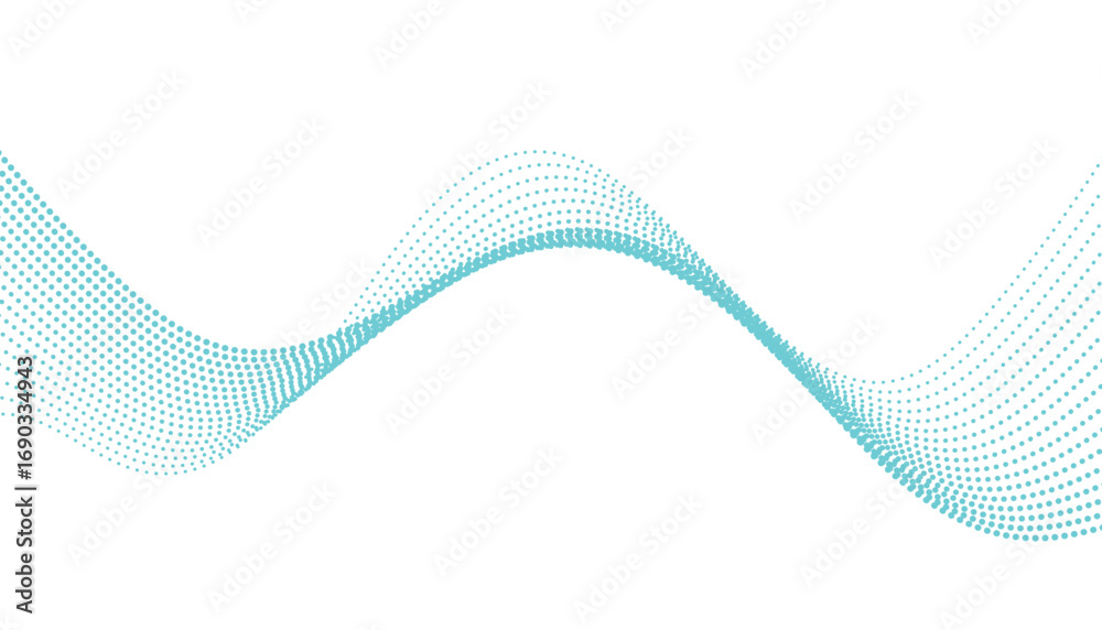 Fototapeta premium An abstract flowing wave shape composed of small cyan dots on a white background.Great for tech presentations, website backgrounds, data visualization, or sound concepts.