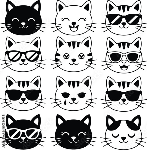 (98)Cool Cats Doodle Set – Black and White Vector Illustrations of Cartoon Cat Faces with Sunglasses, Smiles, and Expressions