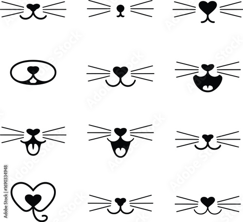 (97)Cat Muzzle Expressions Doodle Set – Black and White Vector Illustrations of Whiskers, Noses, and Playful Mouth Designs