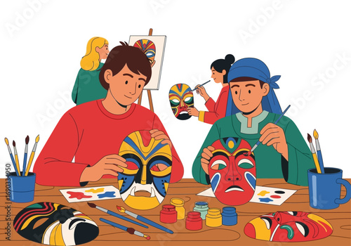 Artists painting colorful traditional masks in an art class. Suitable for art classes, cultural events, teamwork, creativity, and diversity concepts.