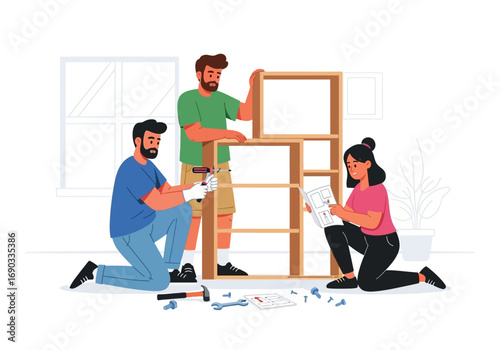 Three people work together to build a lightcolored bookcase in a bright room. Suitable for home improvement or teamwork concepts.