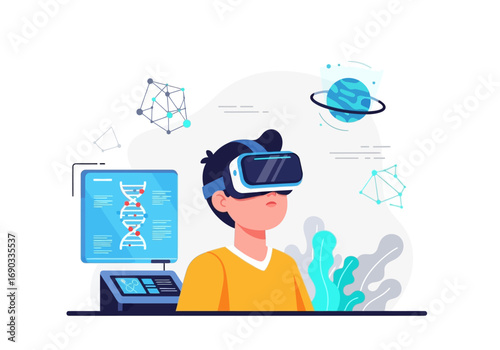 Child explores virtual reality science elements. Perfect for educational materials, technology concepts, and futuristic childhood visuals.