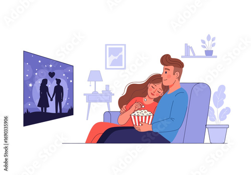 Couple watching romantic movie on cozy couch. Suitable for valentines day, entertainment blogs, relationship articles, and stock photo libraries.