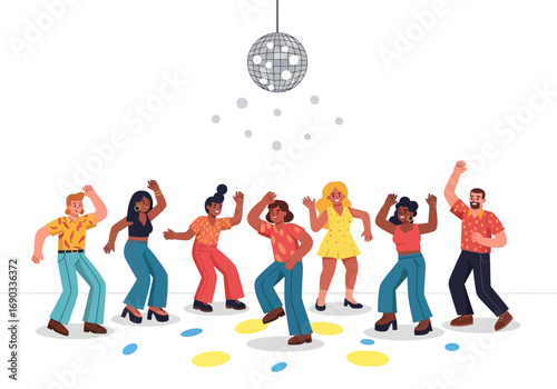 Disco party with people dancing under a shiny disco ball. Suitable for event promotions, party invitations, and club advertisements.