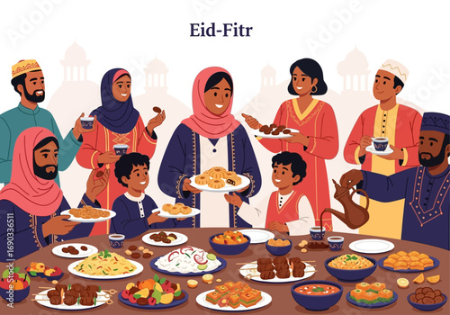 Diverse muslim family celebrating eid alfitr, sharing meal happily together. Perfect for cultural celebrations, family bonding, diversity themes.