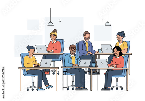 Six people work on laptops in an open office, teamwork, collaboration, business environment concept. Suitable for officerelated content.