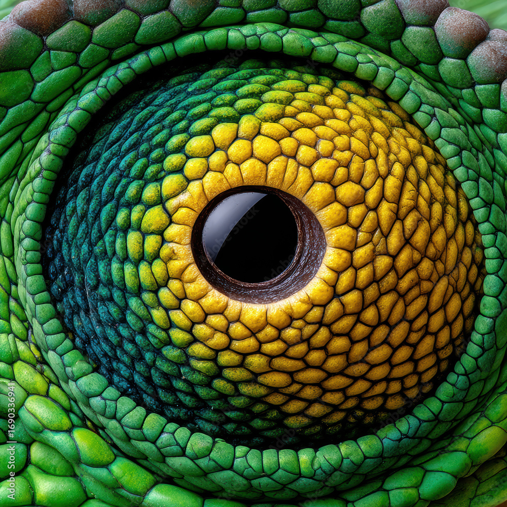 Obraz premium Close up of chameleon eye showcasing vibrant colors and intricate textures, reflecting unique and captivating beauty