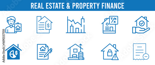 Real estate and property finance icons representing mortgages investments loans and transactions vector