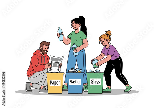 Three people sorting waste into labeled bins for recycling suitable for ecofriendly concepts, environmental education materials, waste management visuals.