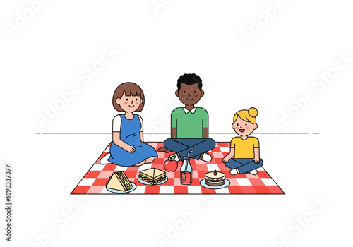Three friends enjoying a picnic on a checkered blanket with a variety of food items, perfect for foodthemed design projects.
