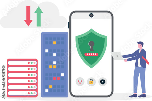 Flat data center security with people characters concept.
