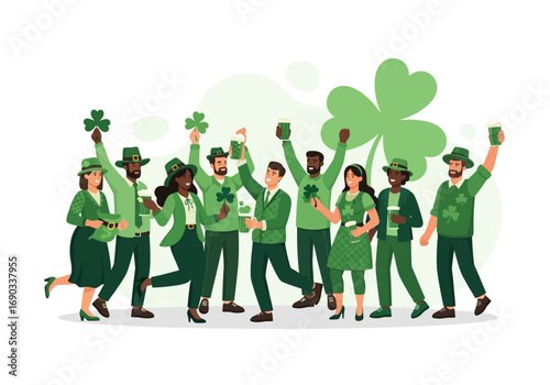 Group of people celebrating saint patricks day in green outfits. Suitable for st. Patricks day promotions and festive designs.