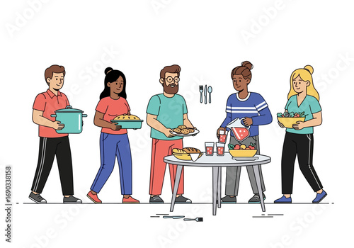 Group bringing food to table, drinks around, team lunch, catering, corporate events, dining services, catering business, meal preparation.