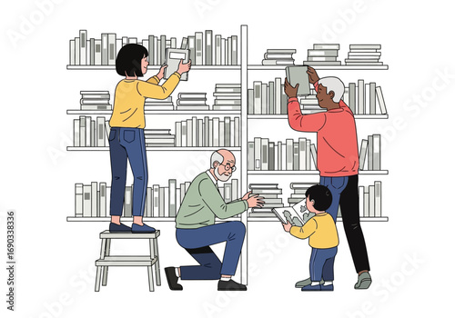 People organizing books on library shelves, surrounded by a variety of reading materials. Perfect for educational content or bookrelated designs.