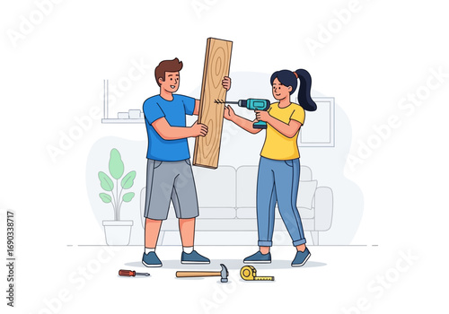 Couple working together with a power drill on wood. Diy projects, home improvement, construction, teamwork, relationship building, carpentry concepts.