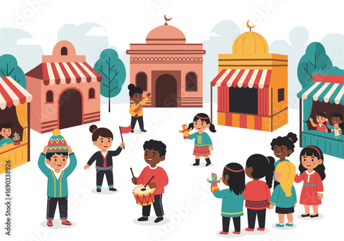 Children playing among colorful buildings and market stalls. Suitable for illustrating community, diversity, and vibrant city scenes in design projects.