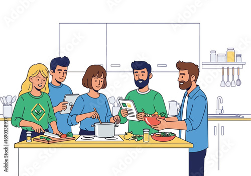Group of people cooking together in a kitchen, laughing and enjoying. Perfect for food blogs, cooking classes, and culinary websites.