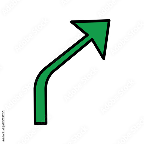 Green curved arrow pointing up and right isolated on transparent background