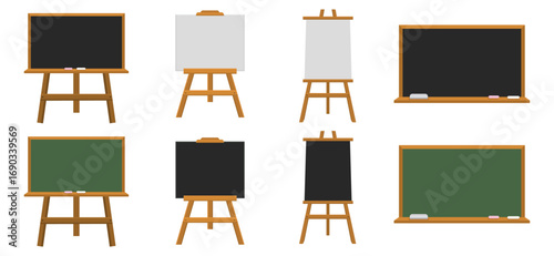 Set of wooden chalkboards with various frames in shapes and styles for education, decoration, and presentation design 