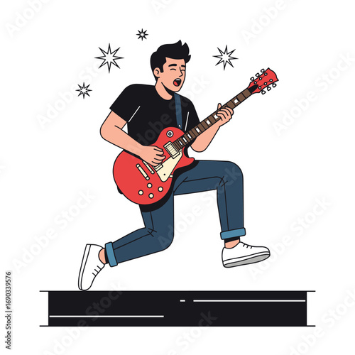 Energetic Male Musician Playing Red Electric Guitar, Line Art Style