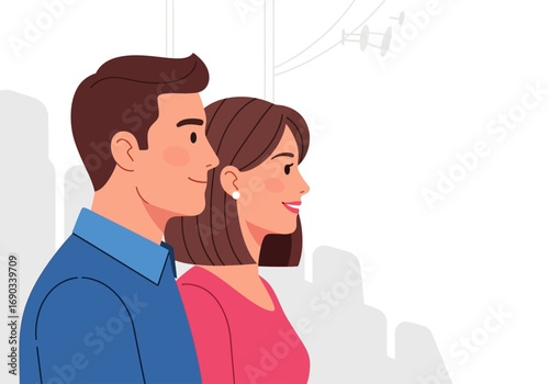 Urban couple with power lines and buildings is a concept for urban lifestyle articles, cityscape illustrations, and modern relationship websites.