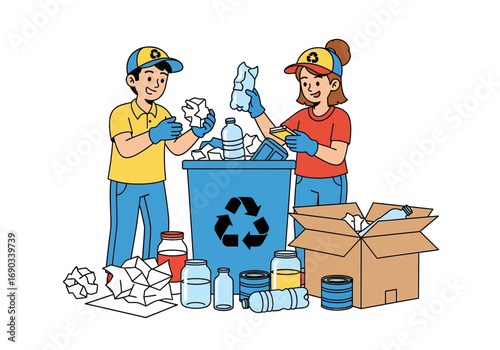 Two cartoon people recycling materials into a blue container and box. Suitable for ecofriendly concepts and educational materials.