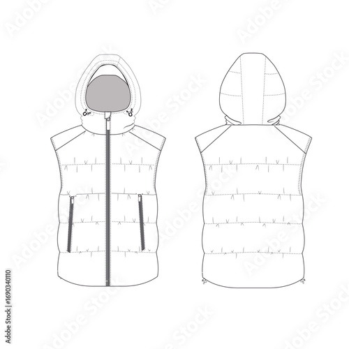 Puffer vest jacket with hoodie flat sketch 