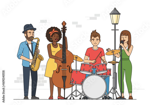 Four member jazz band performing on street below a lamp. Suitable for music event posters, advertising live performances, or music blogs.