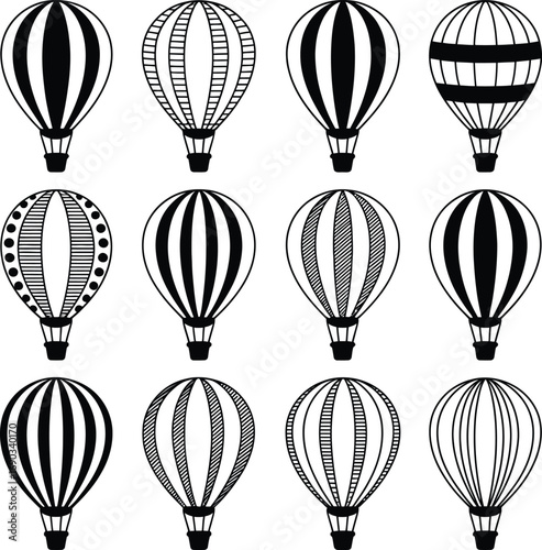 (126)Hot Air Balloon Doodle Set – Black and White Vector Illustrations of Decorative Balloons with Stripes, Dots, and Patterns