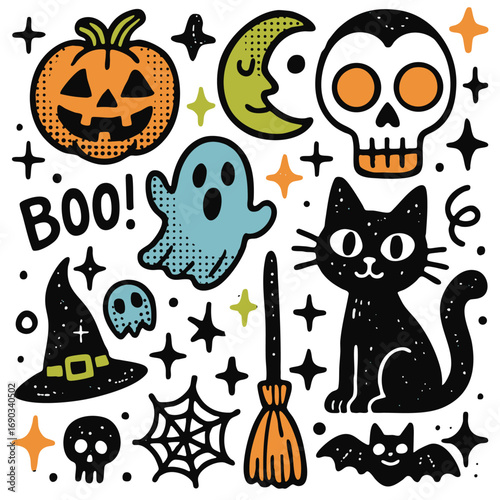 Colorful Halloween illustrations featuring pumpkin, ghost, cat, and skulls