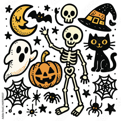 playful Halloween illustration featuring skeleton, pumpkin, and ghost