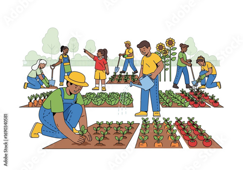 Several people work in a vegetable garden together, suitable for gardening, teamwork, community, nature, sustainability, organic farmingrelated designs.