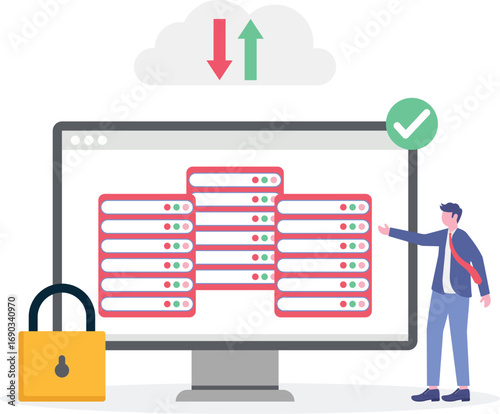 Data server concept with character. Computer information storage,

